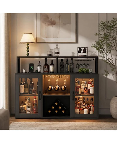 homfan Led Wine Cabinet with Glass Display, Freestanding Bar Cabinet with Storage Shelves for Dining Room Living Room Kitchen