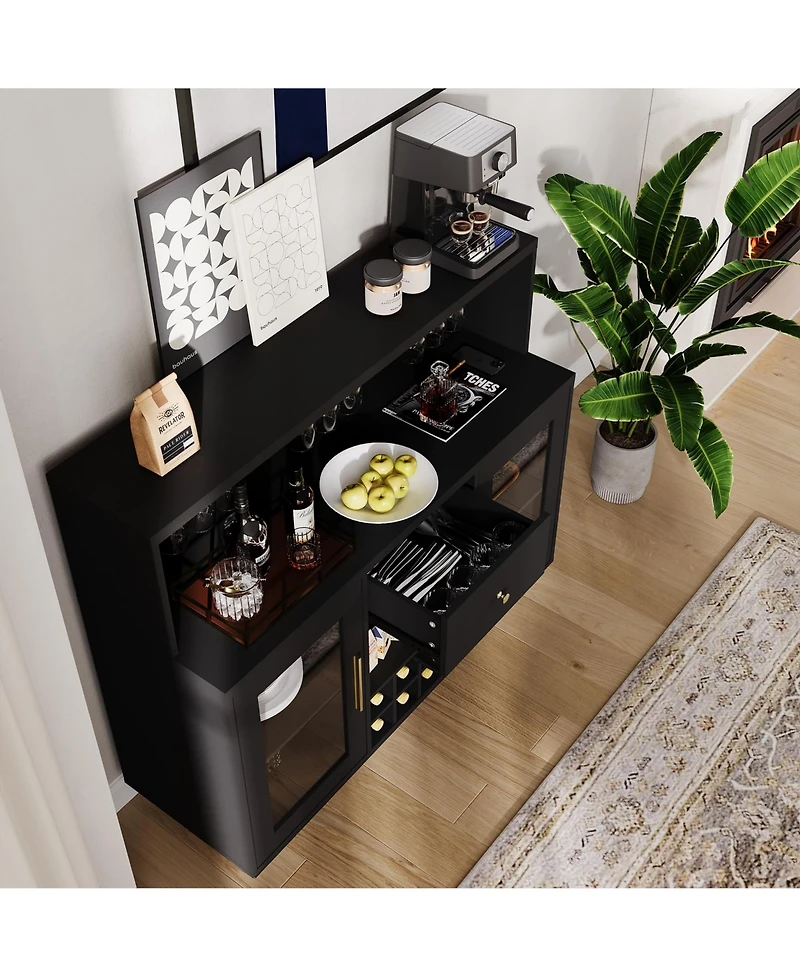 homfan Bar Cabinet with Led Lights, Glass Holder and Power Outlet, Coffee Bar with Drawer Storage for Home and Kitchen
