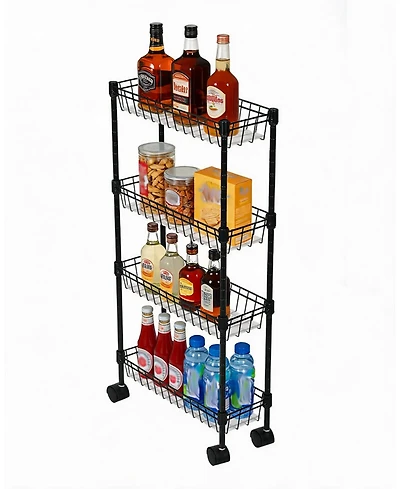 homfan 4 Tier Bar Cart, 32 Inch Tall Slim Metal Rolling Storage Cart with Adjustable Shelves and Wheels for Kitchen or Pantry