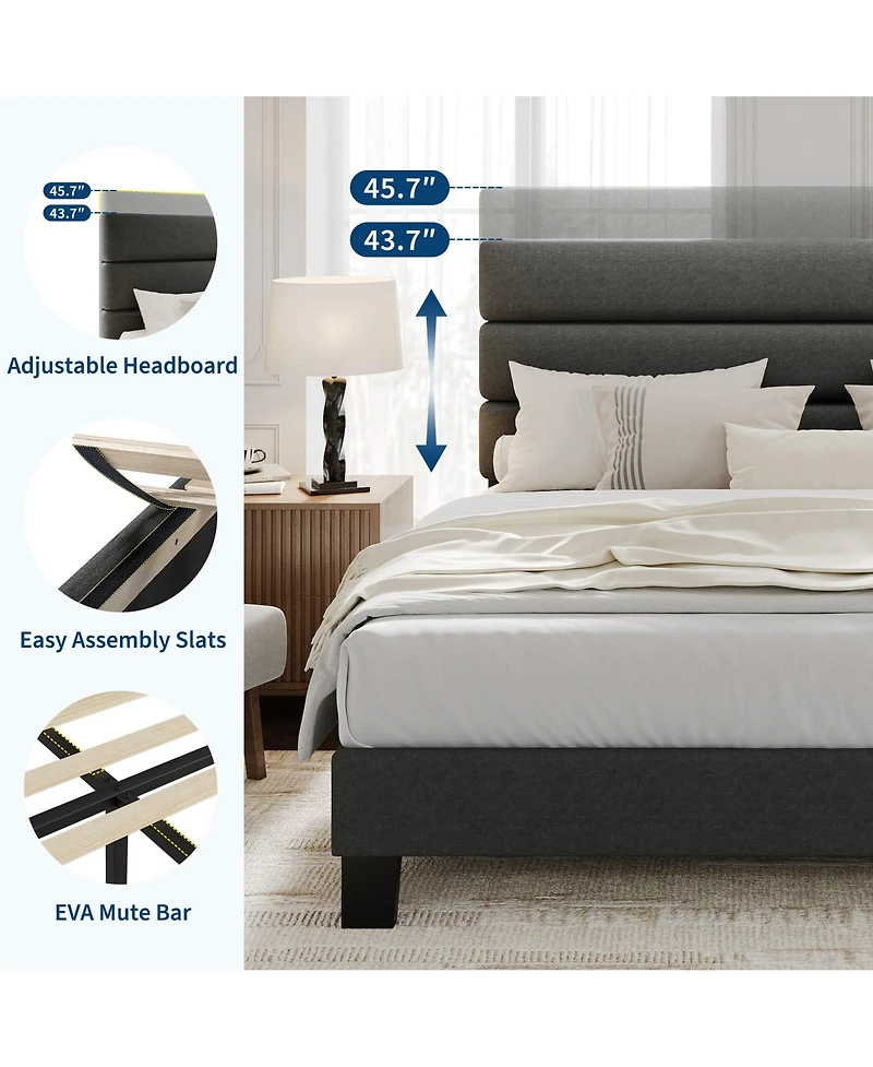 homfan Queen Size Modern Platform Bed Frame, Adjustable Linen Headboard, Heavy Duty Wooden Slats, No Box Spring Needed, Easy Assembly, Noise-Free