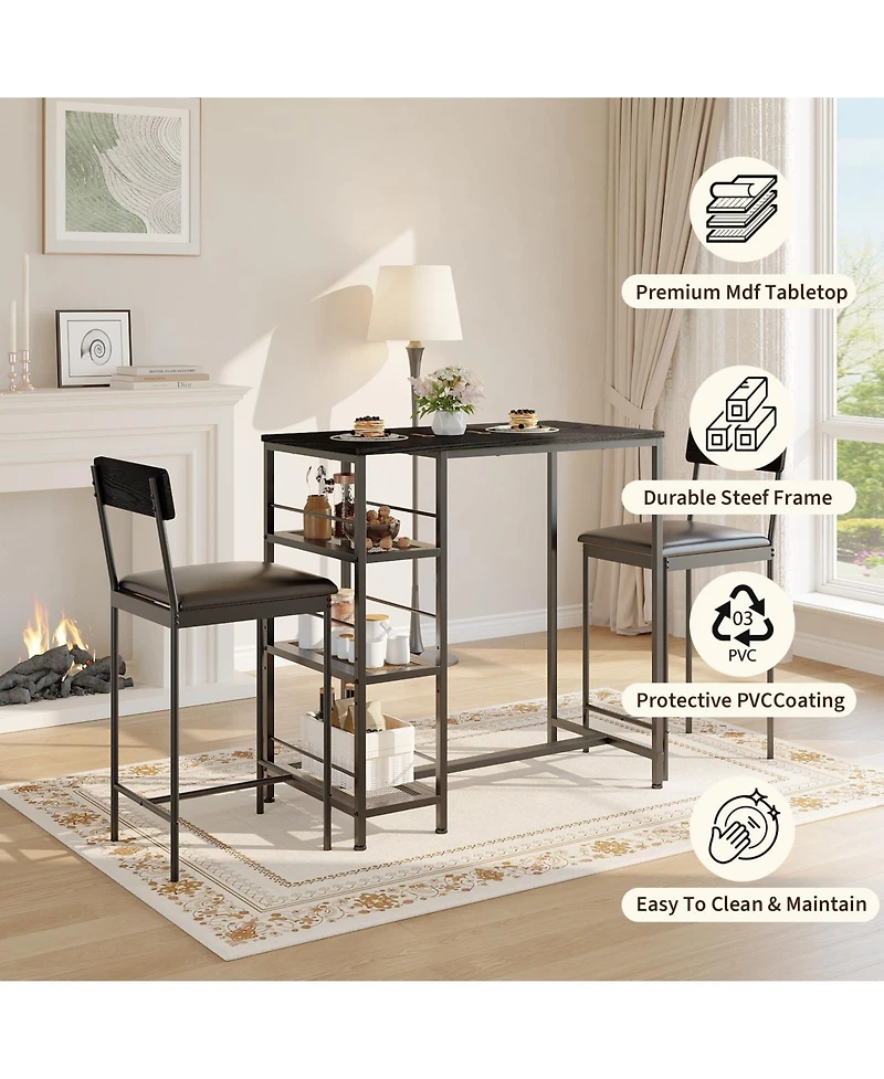 homfan 3-Piece Industrial Style Counter Height Dining Set for 2, Narrow Kitchen Table with 2 Upholstered Stools and 3-Tier Storage