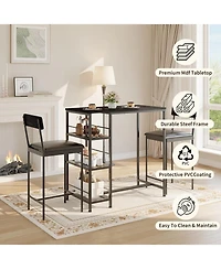 homfan 3-Piece Industrial Style Counter Height Dining Set for 2, Narrow Kitchen Table with 2 Upholstered Stools and 3-Tier Storage
