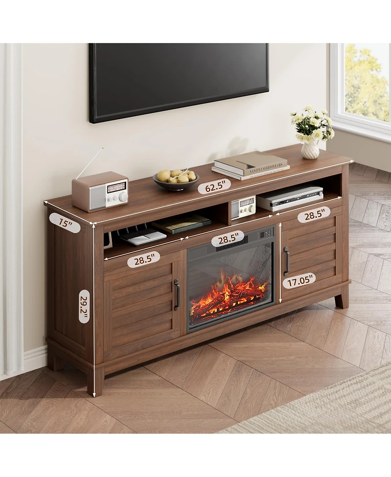 homfan Farmhouse Fireplace Tv Stand, 63" Electric Entertainment Center with Cabinet Doors, Ample Storage, Ideal for Living Room