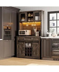 homfan Farmhouse Coffee Bar Cabinet with Led Lights and Power Outlets - Barn Door Buffet with Wine Storage for Kitchen Dining Room
