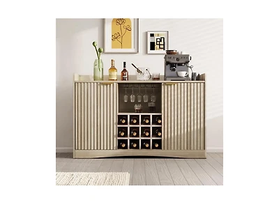 homfan 47" Engineered Wood Wine Bar Cabinet with Glass Holder and 12-Bottle Rack, Fluted Panel Liquor and Coffee Bar Cabinet with Storage