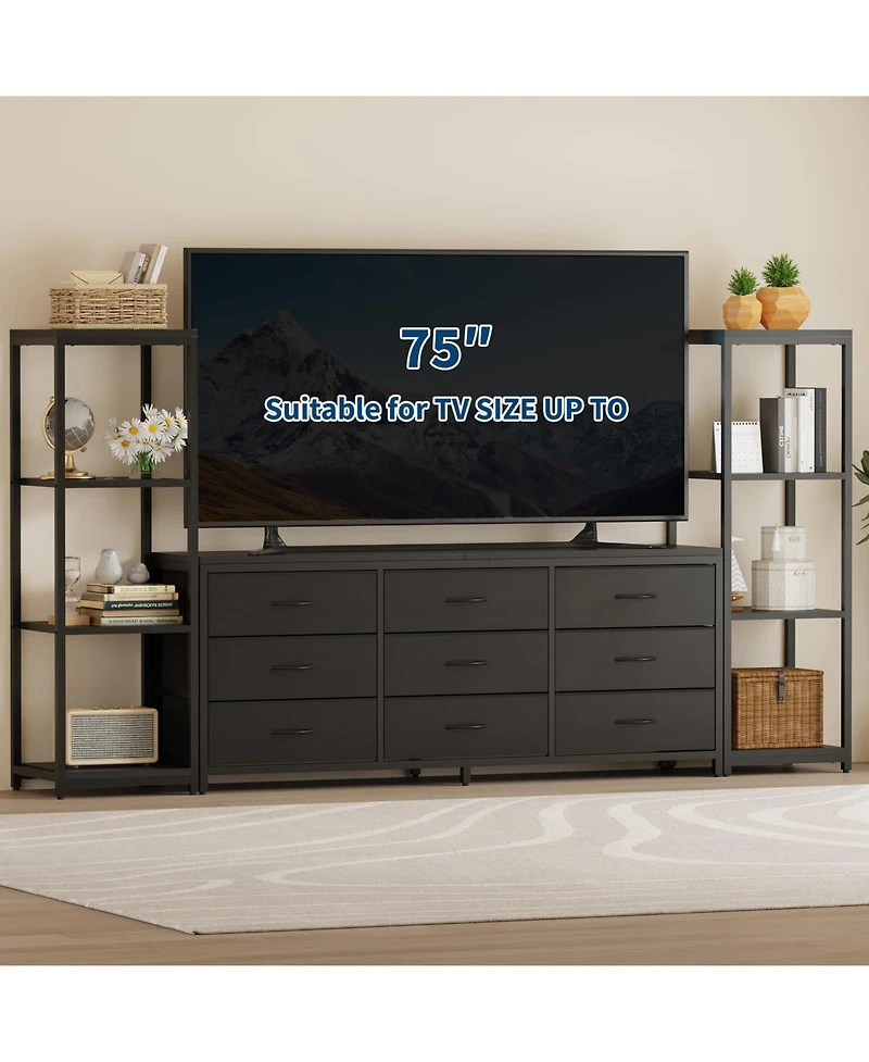 homfan Industrial Tv Stand Dresser, 9 Fabric Drawers and 2 Four-Tier Storage Shelves, Fits TVs Up to 75 Inches, Large Media Console for Living Room