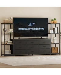 homfan Industrial Tv Stand Dresser, 9 Fabric Drawers and 2 Four-Tier Storage Shelves, Fits TVs Up to 75 Inches, Large Media Console for Living Room