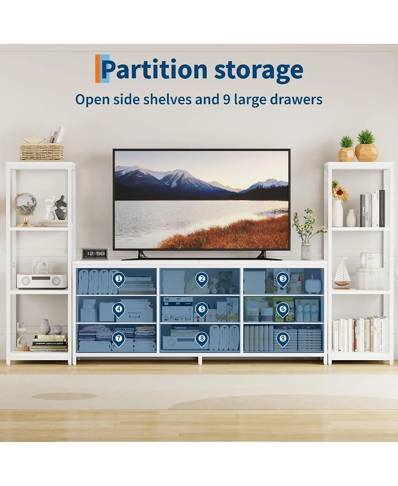 homfan Industrial Tv Stand Dresser, 9 Fabric Drawers and 2 Four-Tier Storage Shelves, Fits TVs Up to 75 Inches, Large Media Console for Living Room