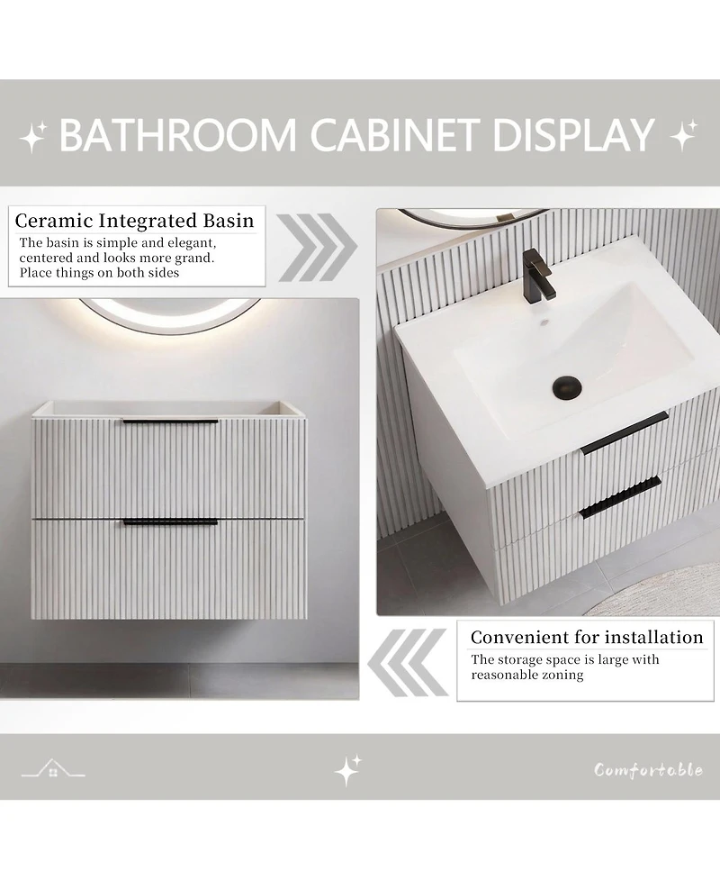 Sillysis Wall Mounted Bathroom Vanity with Ribbed Drawers, U-Shaped Organizer