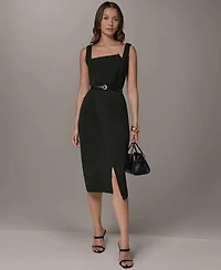 Donna Karan New York Women's Sleeveless Asymmetrical Neck Midi Sheath Dress with Belt