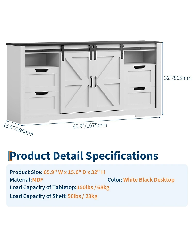 homfan Farmhouse Tv Stand for up to 70 Inch Tv, Entertainment Center with Sliding Barn Doors, 4 Drawers, Adjustable Shelf, Cable Management