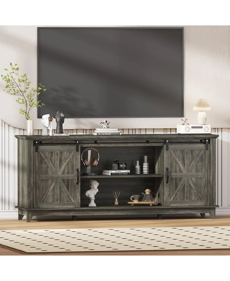 homfan Modern Farmhouse Tv Stand for 75 Inch Tv, 66 Entertainment Center, Sliding Barn Doors, Storage Cabinets and Media Console Table