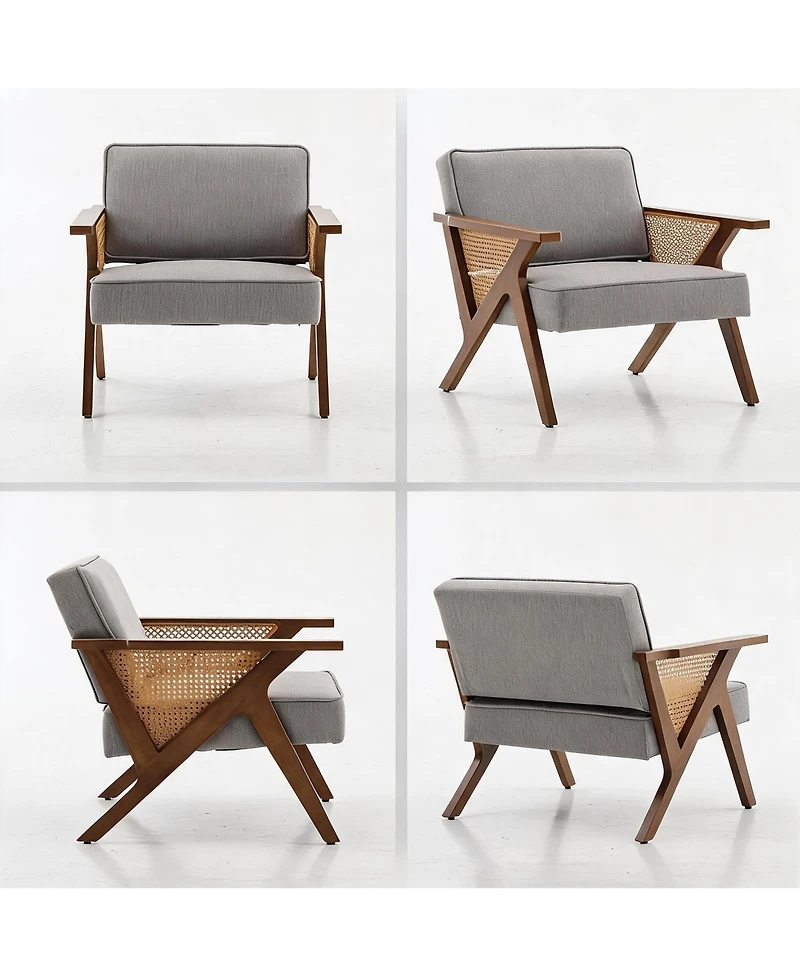 homfan Mid-Century Modern Accent Chair, Linen Upholstered Armchair with Rubberwood Frame and Soft Cushion, Lounge Chair for Living Room, Bedroom