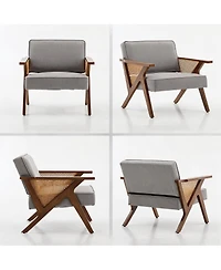 homfan Mid-Century Modern Accent Chair, Linen Upholstered Armchair with Rubberwood Frame and Soft Cushion, Lounge Chair for Living Room, Bedroom