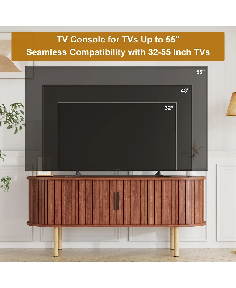 homfan 47.2" Modern Tv Stand, Sliding Doors, Adjustable Shelves, Storage Cabinet, Fits TVs up to 80", Wood Entertainment Center