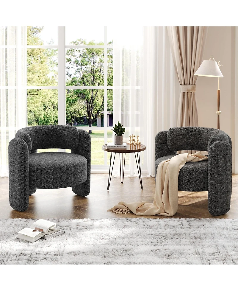 homfan Set of 2 Modern Chenille Armchairs for Living Room, Mid-Century Upholstered Barrel Chairs, Rounded Corners, Extra Large Single Sofa