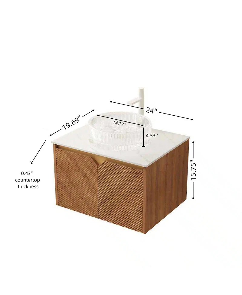 Sillysis Floating Bathroom Vanity with Glass Vessel Sink, Carrara Sintered Stone Top, Solid Wood Door, Twill Metal Trim