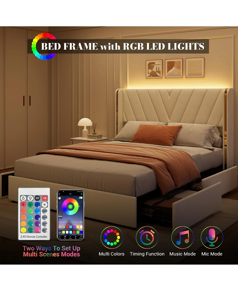 homfan Modern Upholstered Platform Bed, Rgb Led Headboard with V Shaped Wingback, Storage Drawers, Wooden Slats, Noise Free, No Box Spring Required