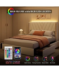 homfan Modern Upholstered Platform Bed, Rgb Led Headboard with V Shaped Wingback, Storage Drawers, Wooden Slats, Noise Free, No Box Spring Required