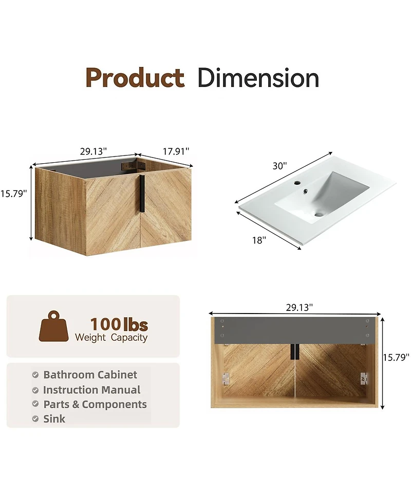 Sillysis Modern Wall Mounted Bathroom Vanity, 3D Fluted Double Door Cabinet, Integrated Ceramic Sink