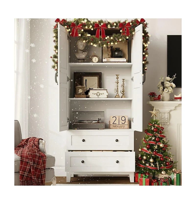 homfan Tall Storage cabinet with 2 Drawers, Farmhouse Wooden Freestanding Floor Storage Cabinet with 2 Doors and Diy Adjustable Shelf
