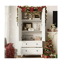 homfan Tall Storage cabinet with 2 Drawers, Farmhouse Wooden Freestanding Floor Storage Cabinet with 2 Doors and Diy Adjustable Shelf