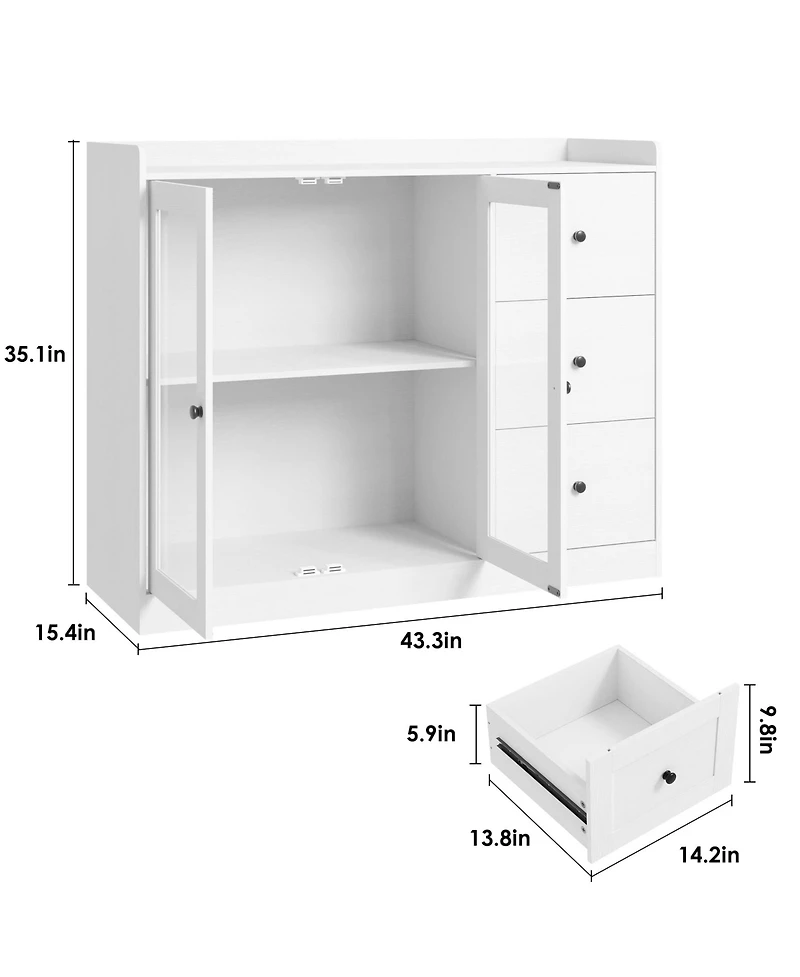 homfan 43 Inch Modern Wood Sideboard Organizer, Buffet Cabinet with Glass Doors, 3 Drawers, Adjustable Shelves and Guardrail for Home Use