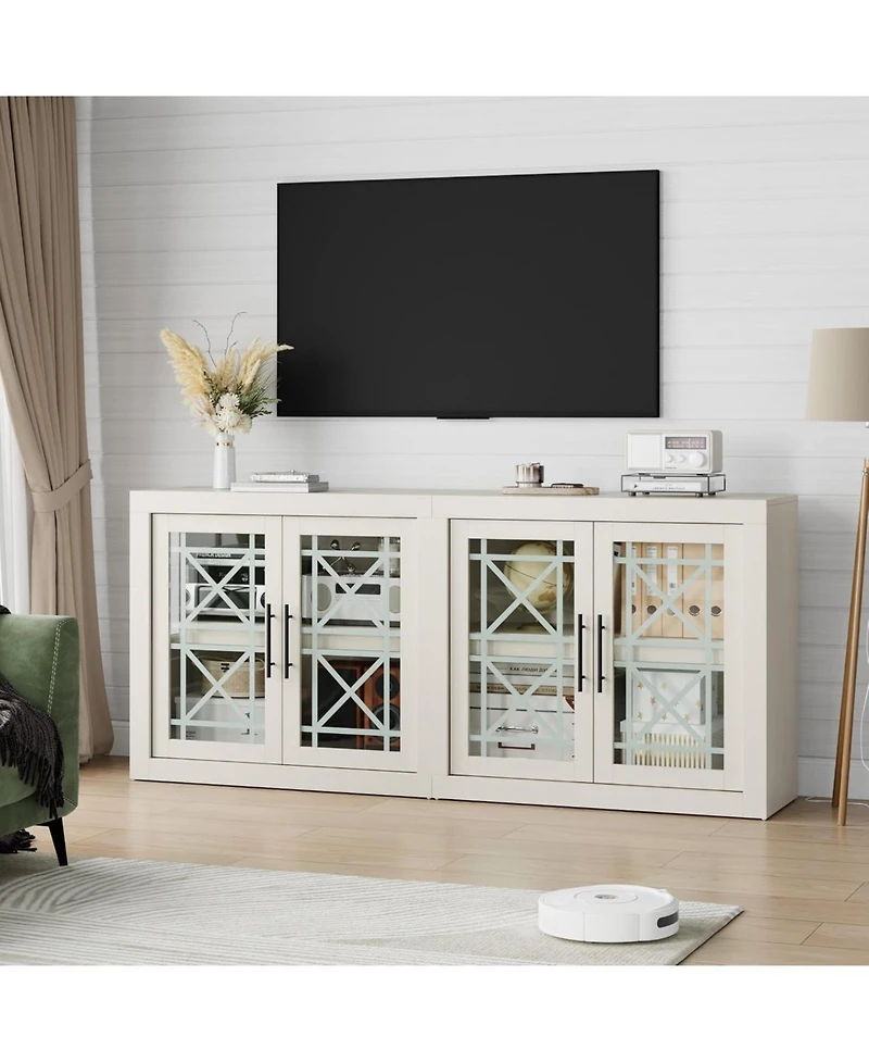 homfan Modern Sideboard Buffet Cabinet, 71 Inch Large Credenza with 4 Glass Doors, Multi-Purpose Storage