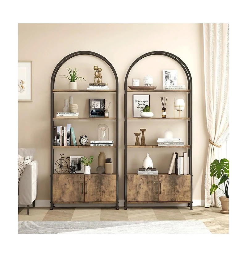 homfan 4-Tier Arched Bookshelf with Closed Doors, Thick Board Metal Frame Tall Storage Cabinet with Non-Slip Feet