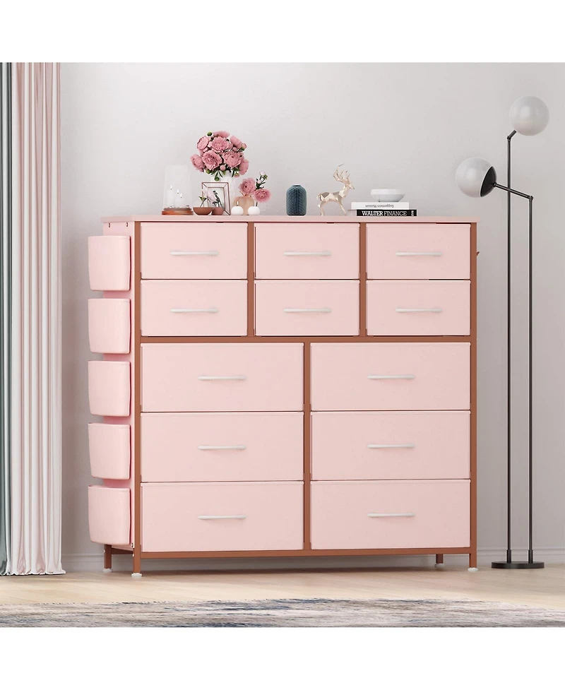 homfan 12-Drawer Dresser, Fabric Dresser for Bedroom with Side Pockets and Hooks, Tall Storage Tower with Adjustable Feet for Living Room, Hallway