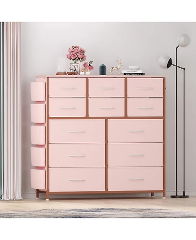 homfan 12-Drawer Dresser, Fabric Dresser for Bedroom with Side Pockets and Hooks, Tall Storage Tower with Adjustable Feet for Living Room, Hallway