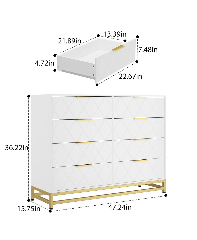 homfan 8-Drawer Wooden Dresser with Metal Handles, Modern Bedroom Dresser with Deep Drawers, Wood Chest, Anti-Tip Safety for Bedroom, Hallway