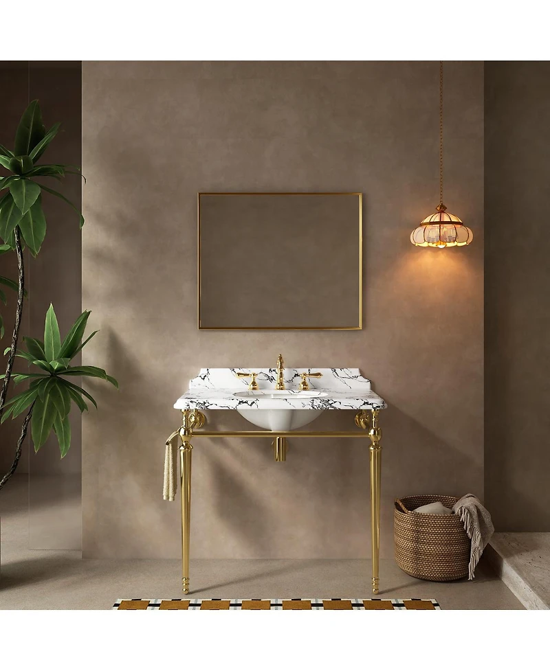 Sillysis Inch Bathroom Console Sink with Engineered Marble Top, Ceramic Basin, Stainless Steel Frame, Retro Style