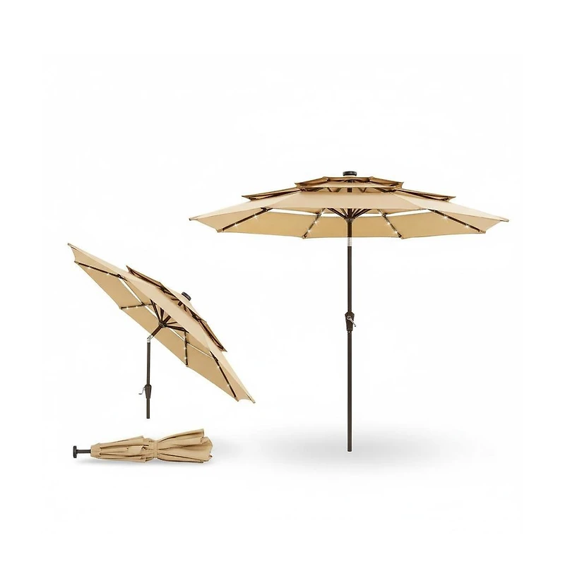 homfan Solar Led Outdoor Patio Umbrella, Ventilated Canopy, Tilt and Crank System, 8 Stable Ribs, for Pool, Deck Garden