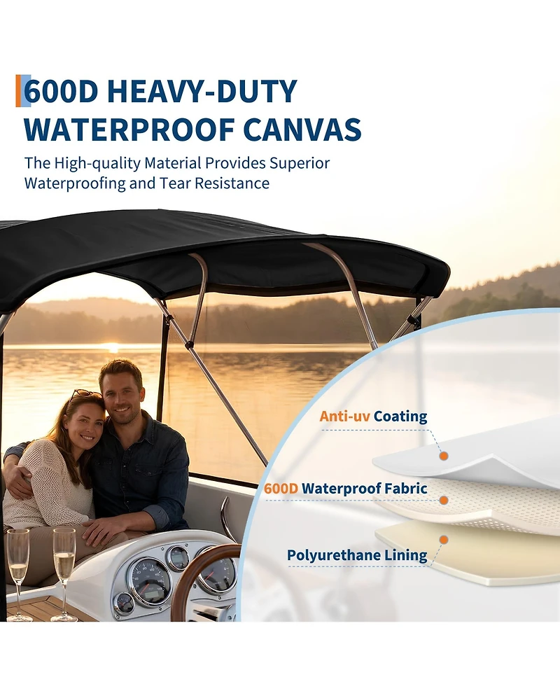 homfan 4 Bow Boat Bimini Top Replacement Cover, Heavy Duty Marine Polyester with Mesh Side Curtains and Storage Bag, for Pontoon Fishing