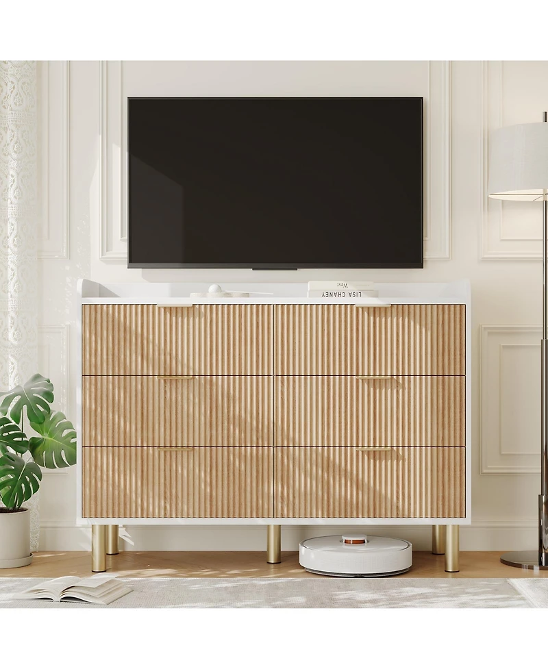 homfan Dresser for Bedroom, Fluted Wood Double Dresser with Metal Handles Curved Design Storage Organizer Cabinet, Wood Storage Double for Bedroom