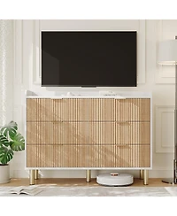 homfan Dresser for Bedroom, Fluted Wood Double Dresser with Metal Handles Curved Design Storage Organizer Cabinet, Wood Storage Double for Bedroom