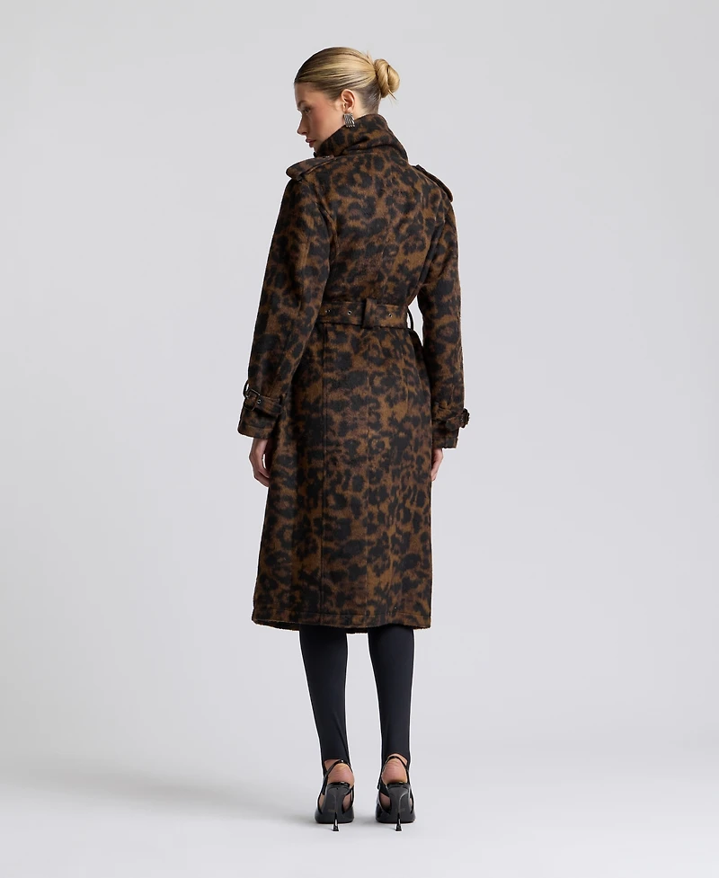 Avec Les Filles Womens Leopard Wool Trench Coat