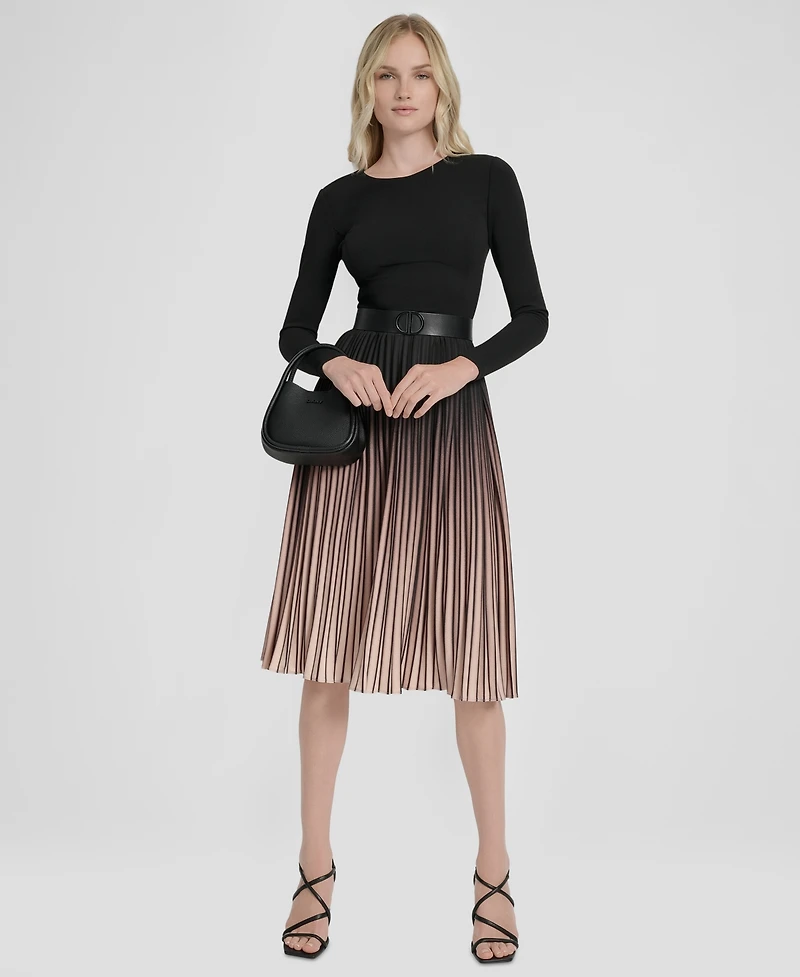 Dkny Women's Pleated Jewel Neck Belted Midi Dress