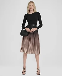 Dkny Women's Pleated Jewel Neck Belted Midi Dress