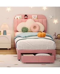 homfan 2 Piece Twin Velvet Upholstered Platform Bed Frame with Storage Bookcase Headboard and Large Drawer, No Box Spring Needed, Easy Assembly