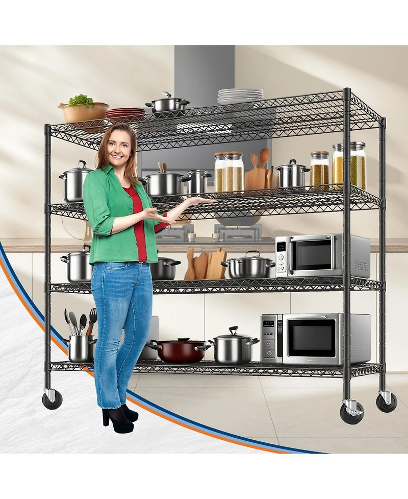 homfan 4 Tier Storage Shelf with Wheels, 75 Inch Heavy Duty Metal Shelving Unit with Adjustable Shelves for Pantry or Kitchen