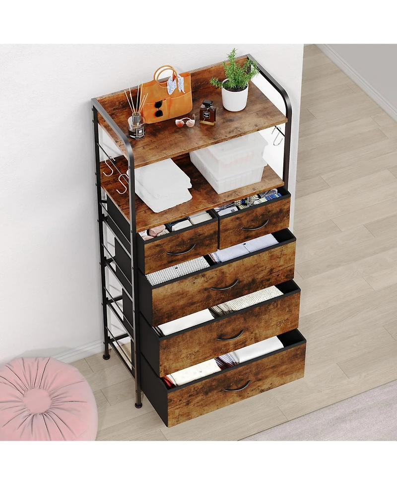 homfan Narrow 5 Drawer Dresser, 47 Inch Fabric Storage Chest with Metal Frame and Shelves for Bedroom or Entryway