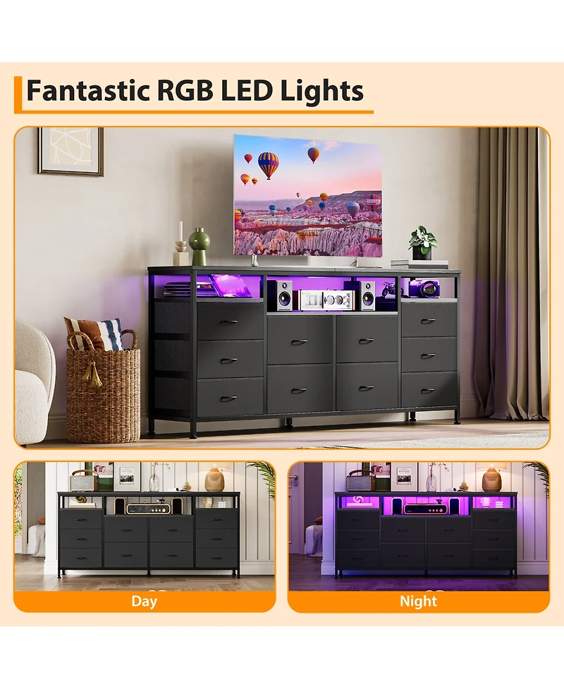 homfan 10-Drawer Dresser Tv Stand with Led Lights and Power Outlets, Long Storage Cabinet for 65-75 Inch TVs, Modern Chest Bedroom