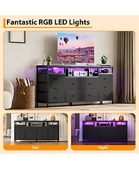 homfan 10-Drawer Dresser Tv Stand with Led Lights and Power Outlets, Long Storage Cabinet for 65-75 Inch TVs, Modern Chest Bedroom