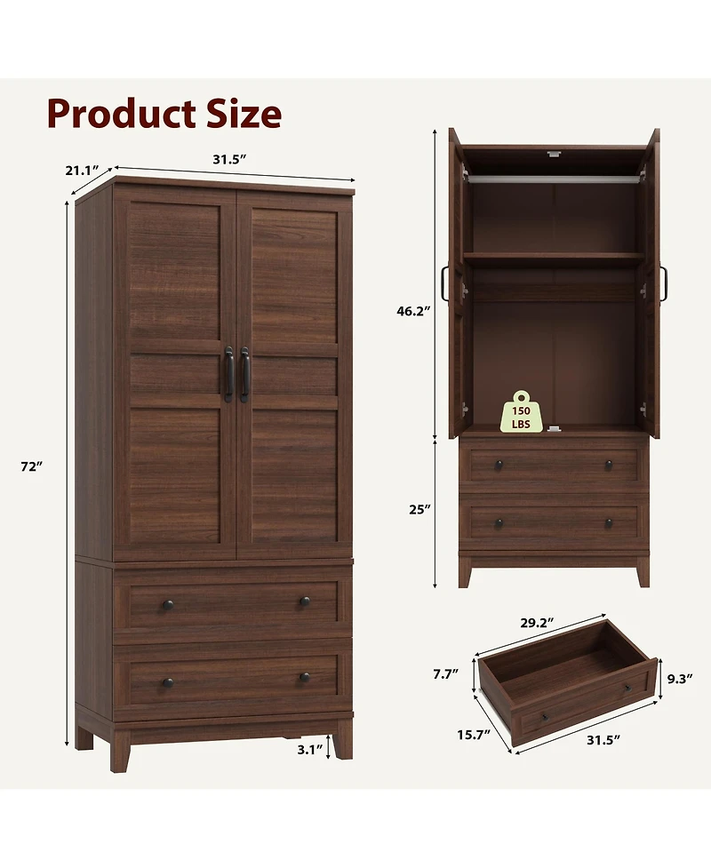 homfan Armoire with 2 Drawers,72" Wooden Cabinet Hanging Rod, Tall Clothing Unit Doors and 18 Adjustable Shelves for Bedroom