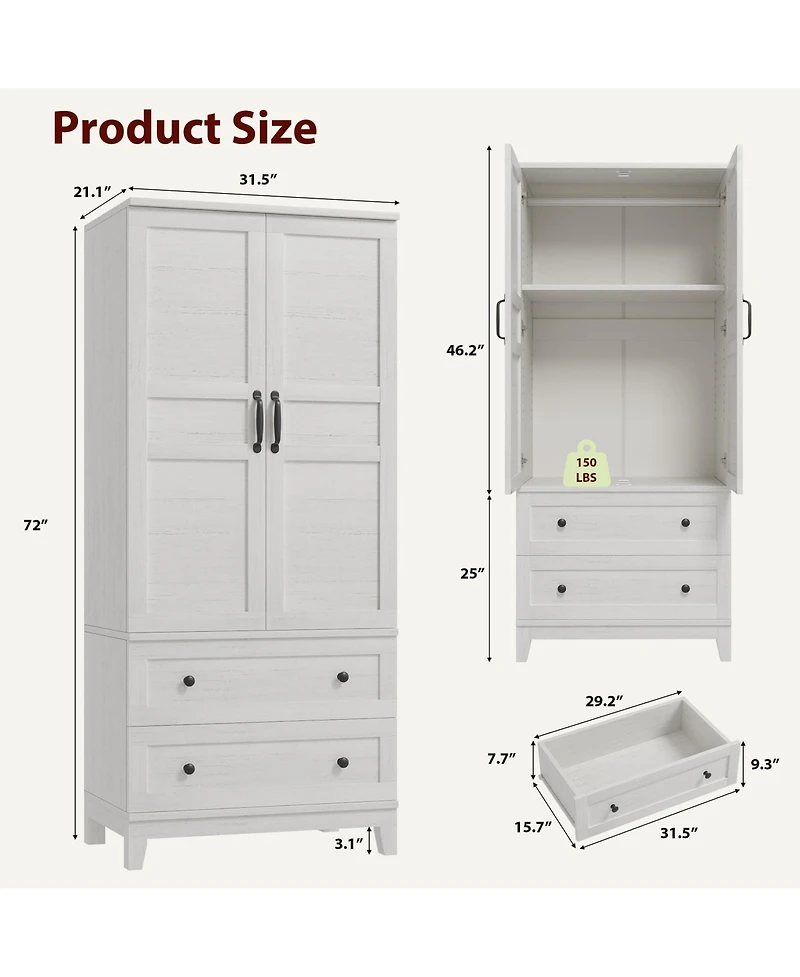 homfan Armoire with 2 Drawers,72" Wooden Cabinet with Hanging Rod, Tall Clothing Unit with Doors and 18 Adjustable Shelves for Bedroom