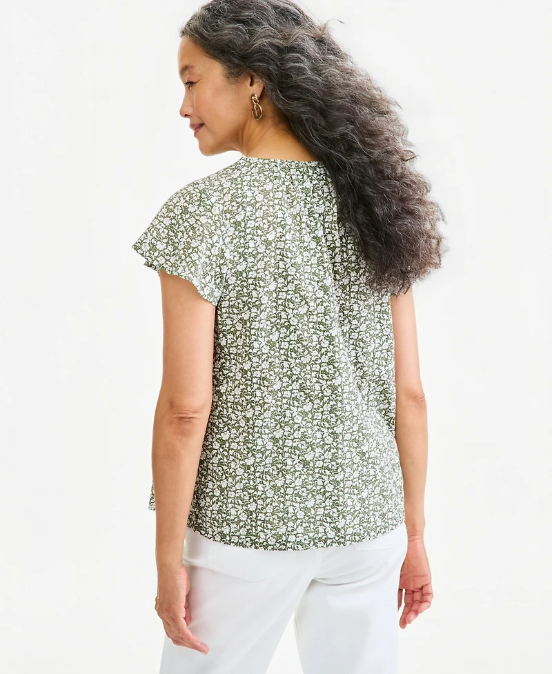 Style & Co Women's Floral-Print Short-Flutter-Sleeve Cotton-Blend Blouse, Macy's Exclusive