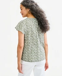 Style & Co Women's Floral-Print Short-Flutter-Sleeve Cotton-Blend Blouse, Macy's Exclusive
