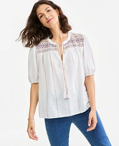 Style & Co Women's Striped Smocked Elbow-Sleeve Cotton-Linen Blend Top, Macy's Exclusive